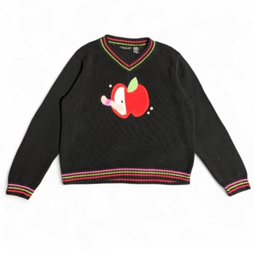 Custom Upcycled Y2K Black Knit Apple & Worm Sweater Size L Cottagecore